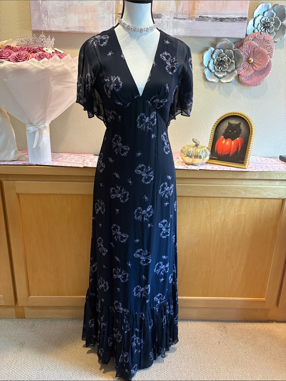 LoveShackFancy Kover Black Floral Bow Print Maxi Dress